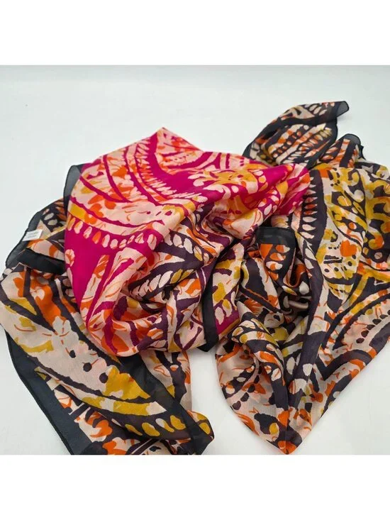 Vibrant Paisley Print Silk Large Wrap Scarf In Pink Orange & Black 42"x96" - Picture 1 of 9